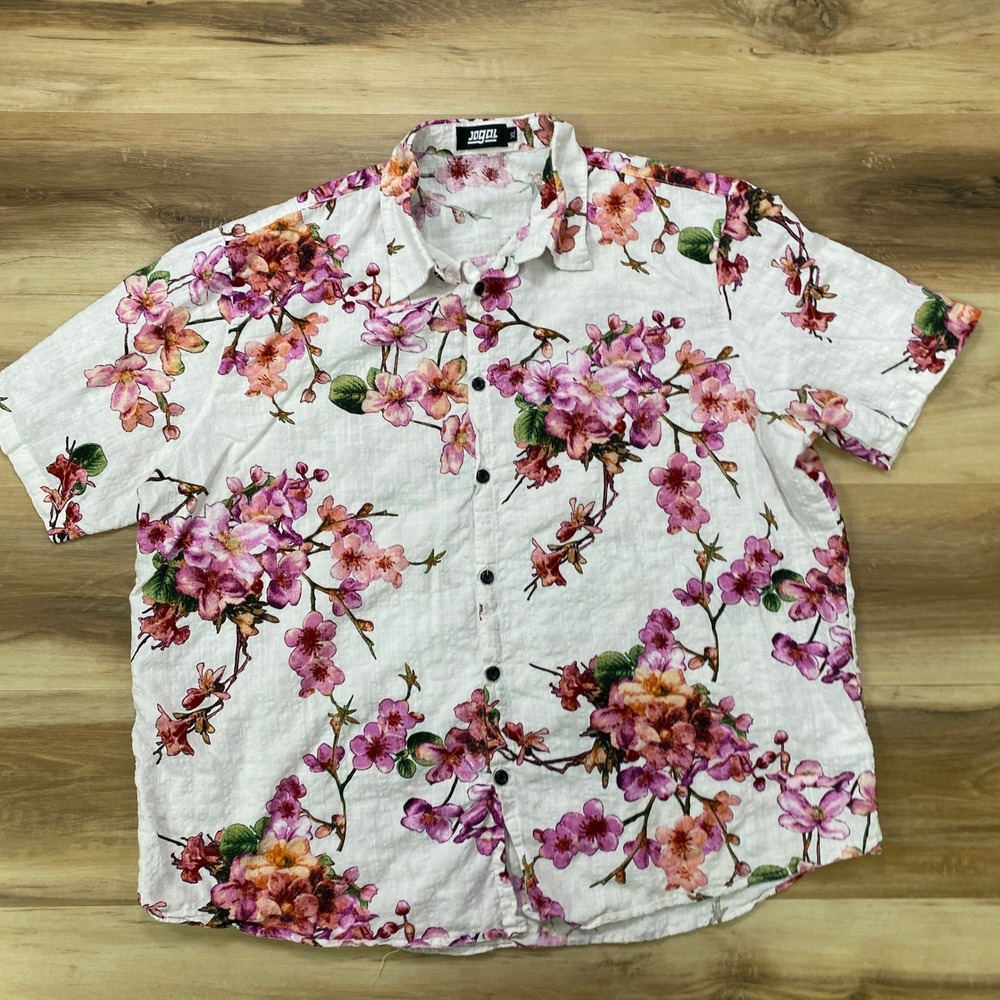 JOGAL Shirt XL Cherry Blossom Floral Print Cotton Viscose Short Sleeve White
